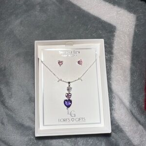 Women’s Silver Necklace and Earring Set with Purple and Pink Hearts